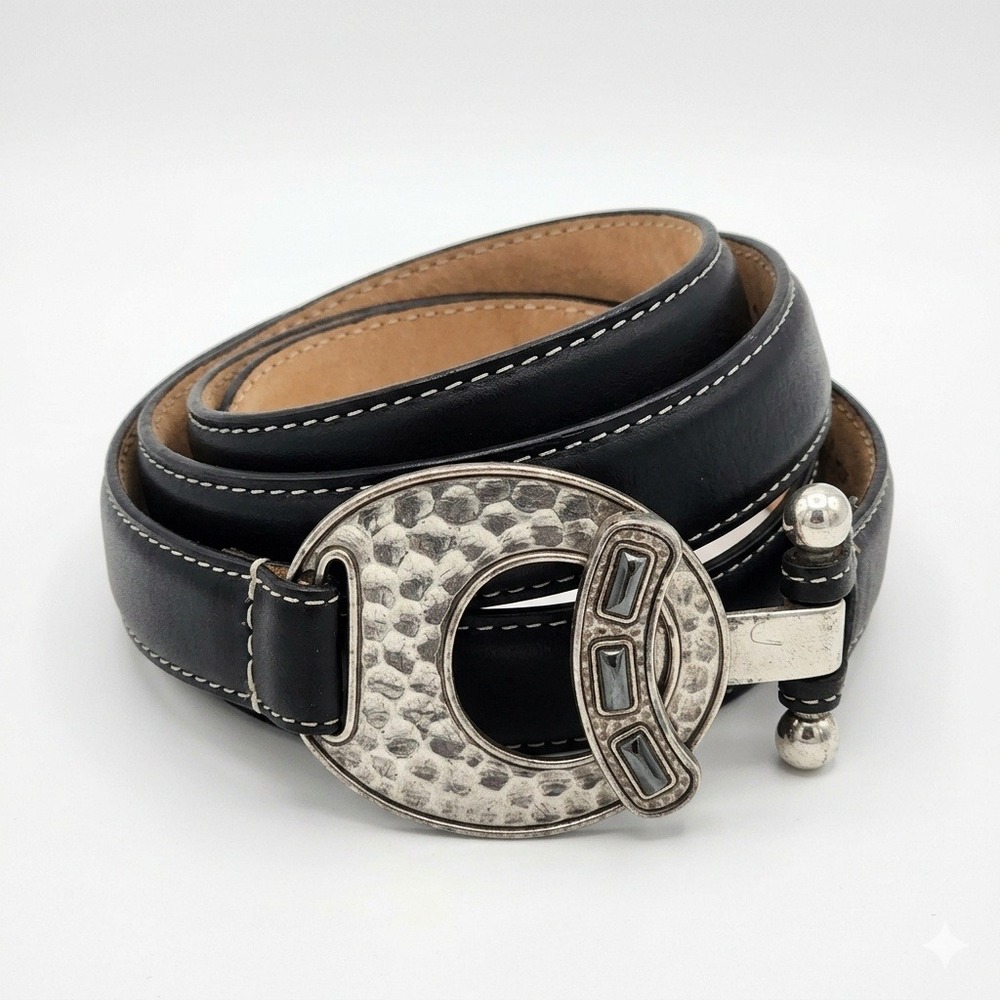 Genuine leather Adjustable Women ML Black Chic Western Hammered Silver Statement